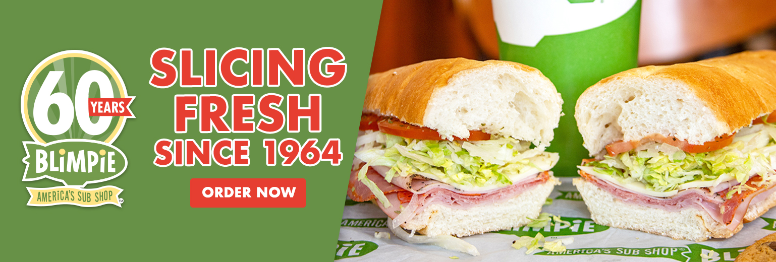 60 years blimpie america's sub shop. slice fresh since 1964. order now